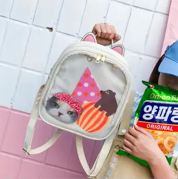 

Women backpack Candy Color Transparent Bag Lovely Ita bag Cat Ear PU Leather Backpacks Women Bags for Schoolbags Teenage Girls