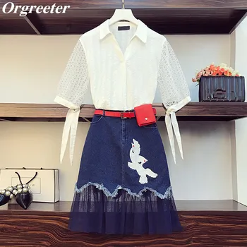 

Summer 2 Piece sets Women Hollow out Lace Sleeve White Shirt + Crane Appliques Mesh splice Denim Skirt Female With free Belt