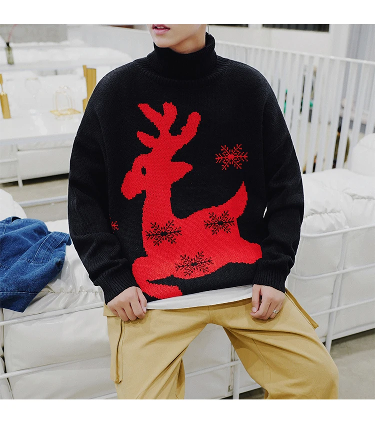 Winter Turtleneck Sweater Men's Warm Fashion Print Casual Knit Sweater Man Street Wild Loose Long Sleeve Pullover Men Clothes
