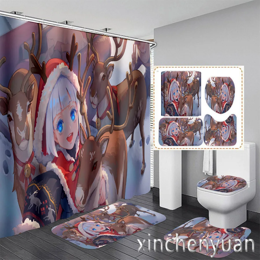 

Рождественская тема 3D печать водонепроницаемая занавеска для душа в ванную комнату коврик для унитаза нескользящий напольный коврик (1/3/4 шт.) W19