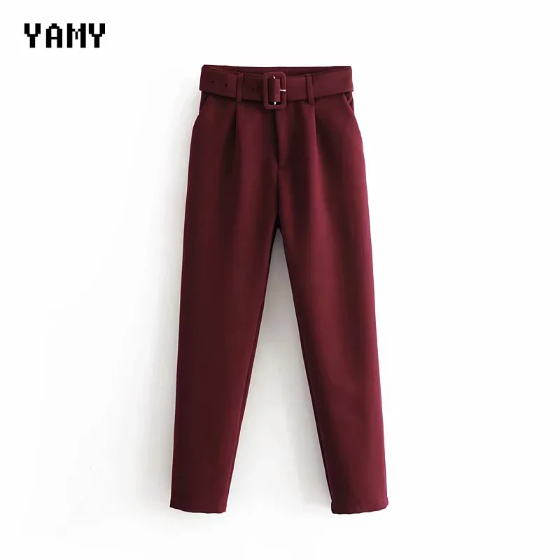 New color Wine red Womens suit Pants Trousers high waist causal belt Pants Trousers zoravicky Womens office lady purple Capris
