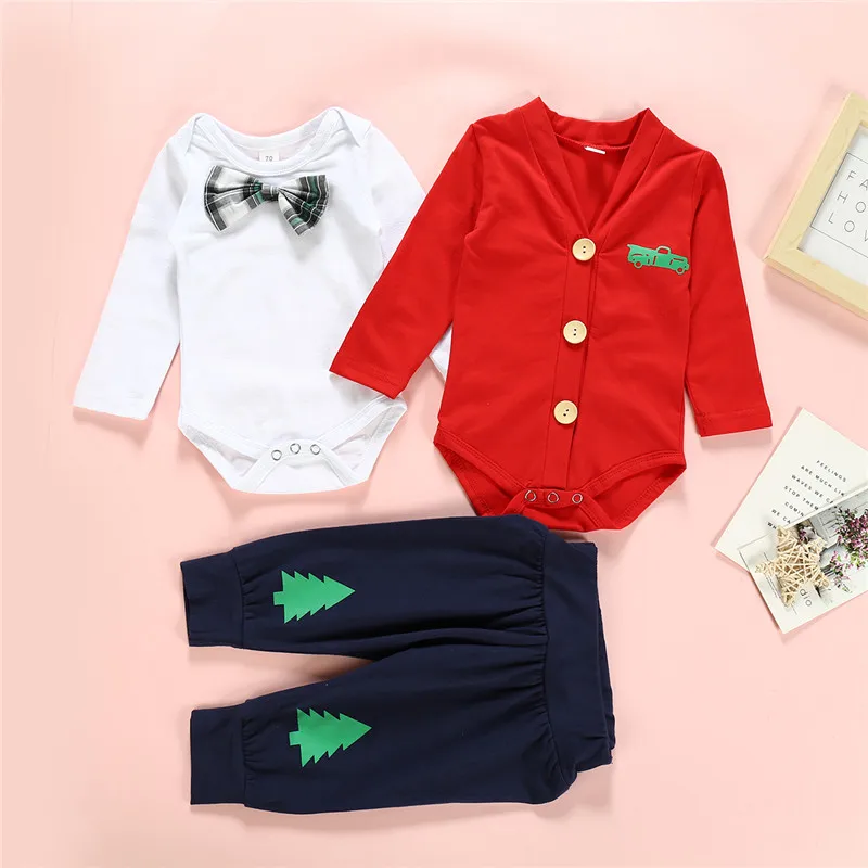 Santaclaus/клетчатая одежда с длинными рукавами и бантом для новорожденных, Рождественская одежда с рисунком машинок, комплект осенней одежды для маленьких мальчиков 6, 12, 18, 24 месяцев - Цвет: 3pcs 02