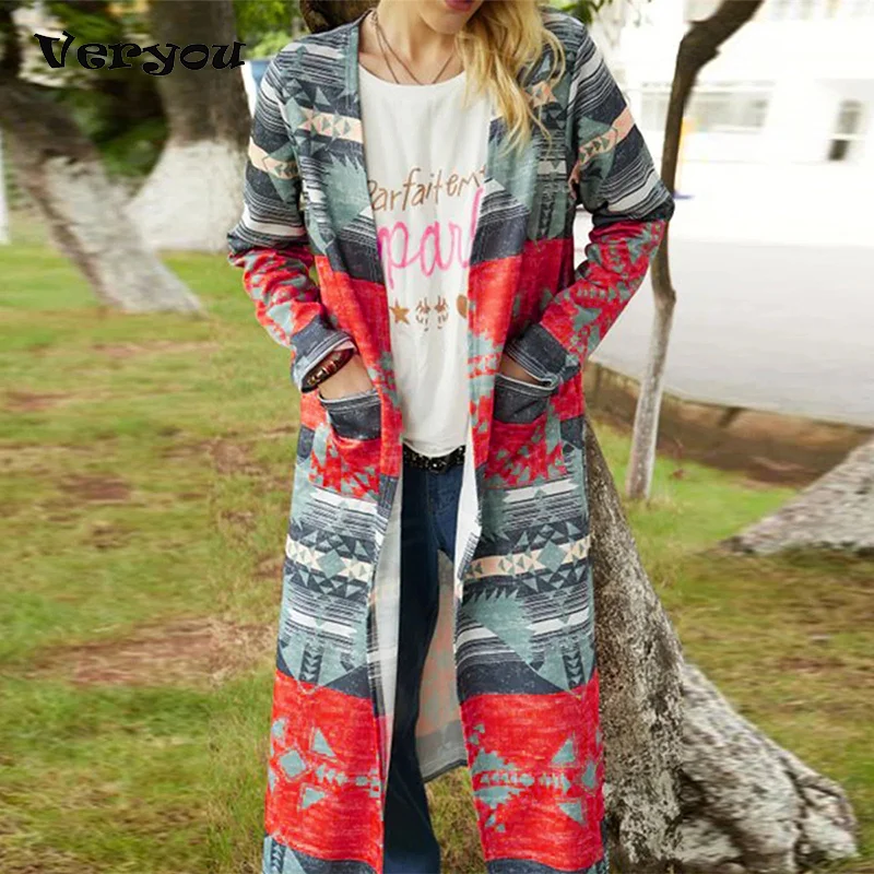 

Spring Autumn Women Long Cardigan Fashion Women's Printed Long Sleeves And Long Coats Pocket Casual Jacket Coat Female