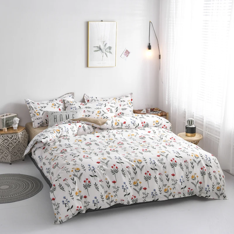 

4pcs Brief Style Bed Set Duvet Cover Flat Bed Sheet Pillowcases Little Flower Girls Home Set Full Queen King
