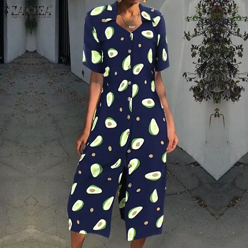 

2019 Summer Avocado Print Dress ZANZEA Elegant Party Long Shirt Vestidos Women Casual Short Sleeve Bohemian Sundress Femme Robe