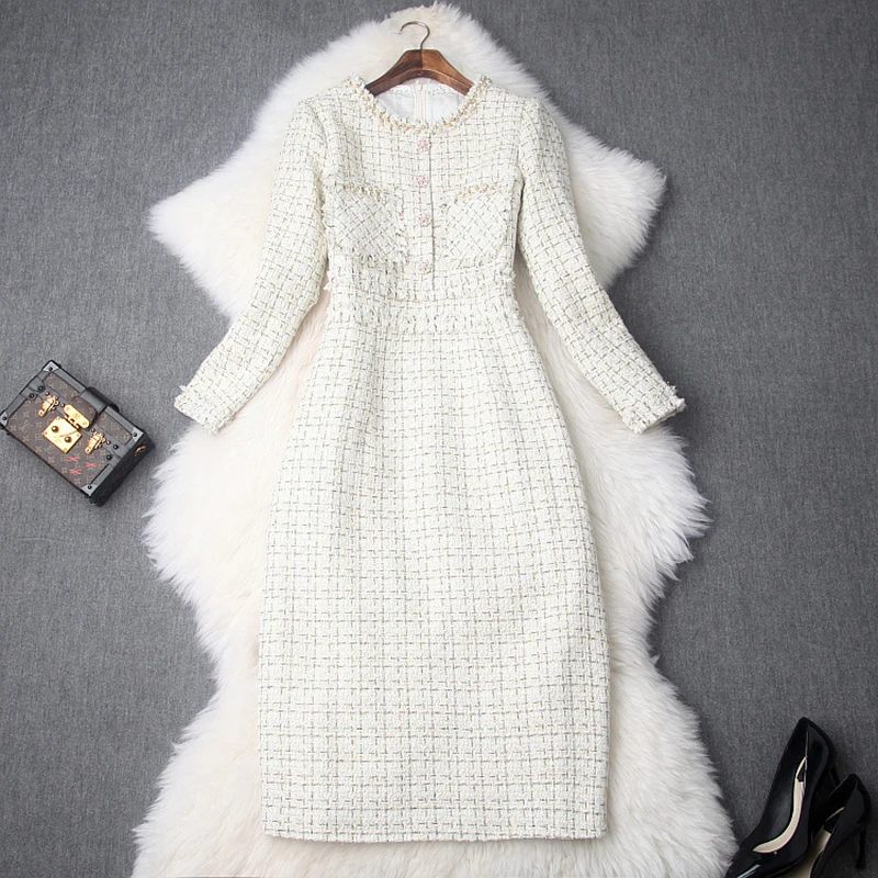 

HIGH QUALITY New Fashion 2019 Designer Runway Dress Women's Long Sleeve Gold Thread Plaid Tweed Dress