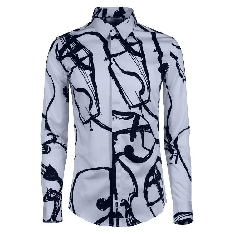 

100% Cotton Luxury Guitar Patterns Printed Men Long Sleeve Fashion Trend Slim Fit Mens Dress Shirt