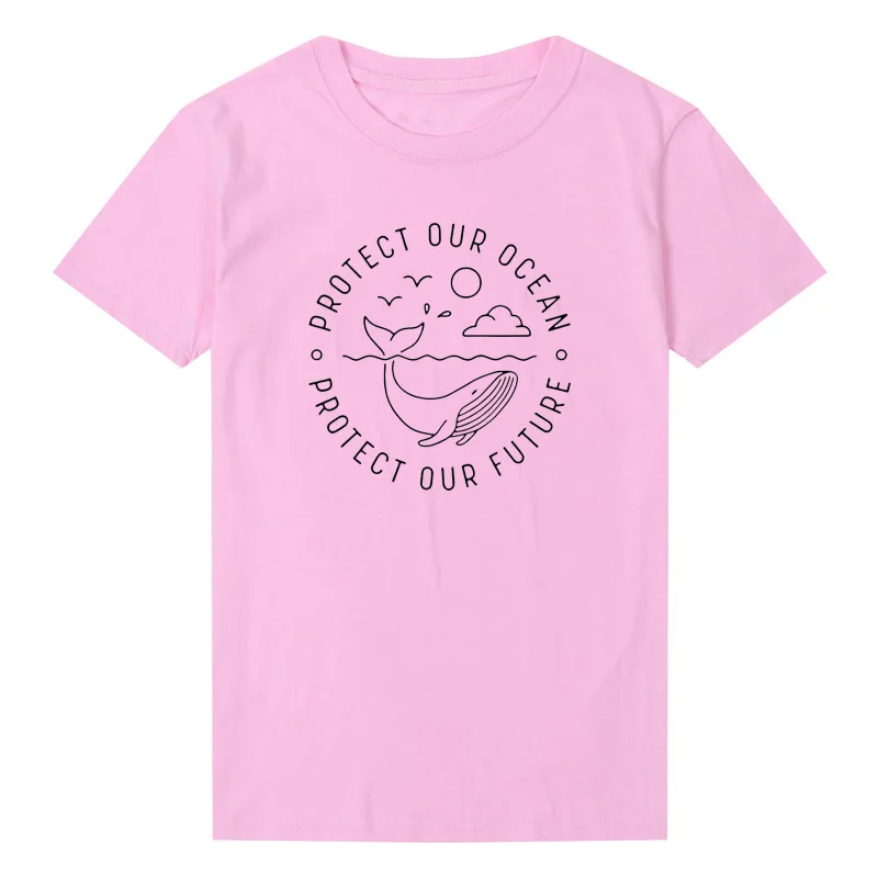 Защита океана женская футболка защита будущего слоган футболка Повседневная с круглым вырезом футболки с Китом летние хлопковые топы Прямая - Цвет: Розовый