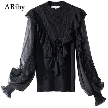 

ARiby Fashion Knitted sweater 2020 Spring Women's New Lace Spliced Long Sleeves Ruffles Slim Solid Elegant Knitted Sweater