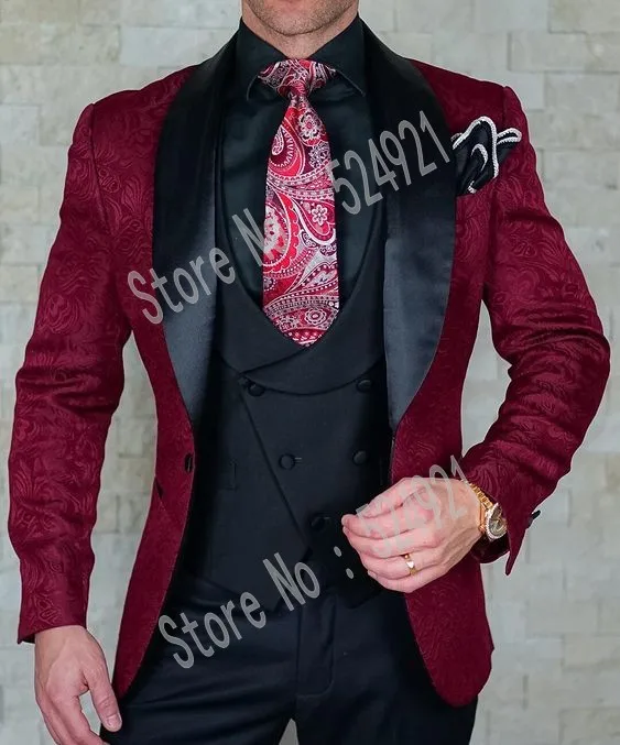 Мужские костюмы с красным узором и черным смокингом для жениха, шаль с атласными лацканами, Женихи для мужчин, Свадебный Лучший человек(пиджак+ брюки+ жилет+ галстук) C723 - Цвет: same picture