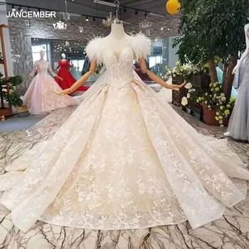 شراءLS11006 فساتين زفاف ريشة النعامة مع حزام 2020 تصميم جديد يزين لامعة فساتين الزفاف الدانتيل مع وشاحات شحن مجاني