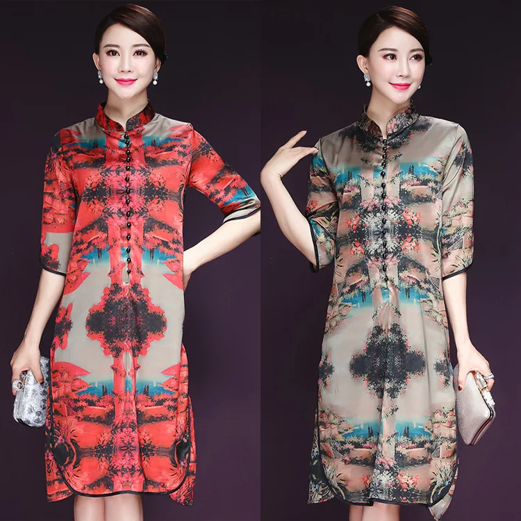 

2017 Autumn And Winter New Style Middle-aged WOMEN'S Apparels Loose And Plus-sized Mid-length Retro Printed Silk Dress Middle-ag