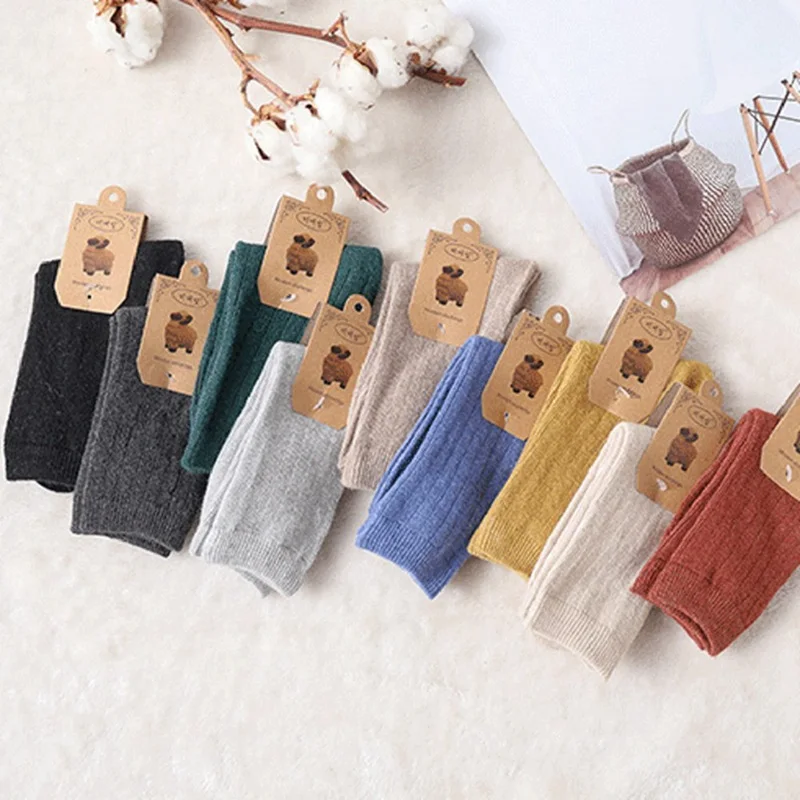 5 Pairs Autumn And Winter New Thickened Medium Tube Woolen Socks For Women Warm Pure Color Socks