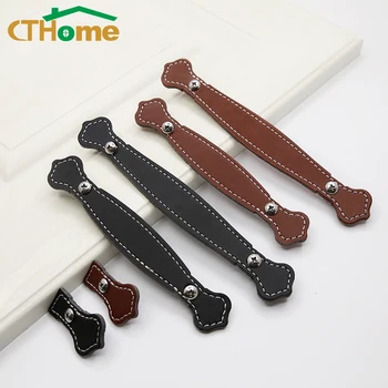 

Cabinet Door Mounted Leather Handle European Wardrobe Door Kitchen Black Door Knobs and Handles Drawer Knobs Jewelry Armoire