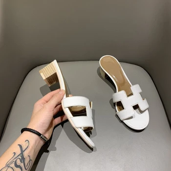 

Brand Designer Shoes Woman Summer Mule Slippers 2020 Top Quality Genuine Leather Ladies Slides Block High Heels Sandals Wu05