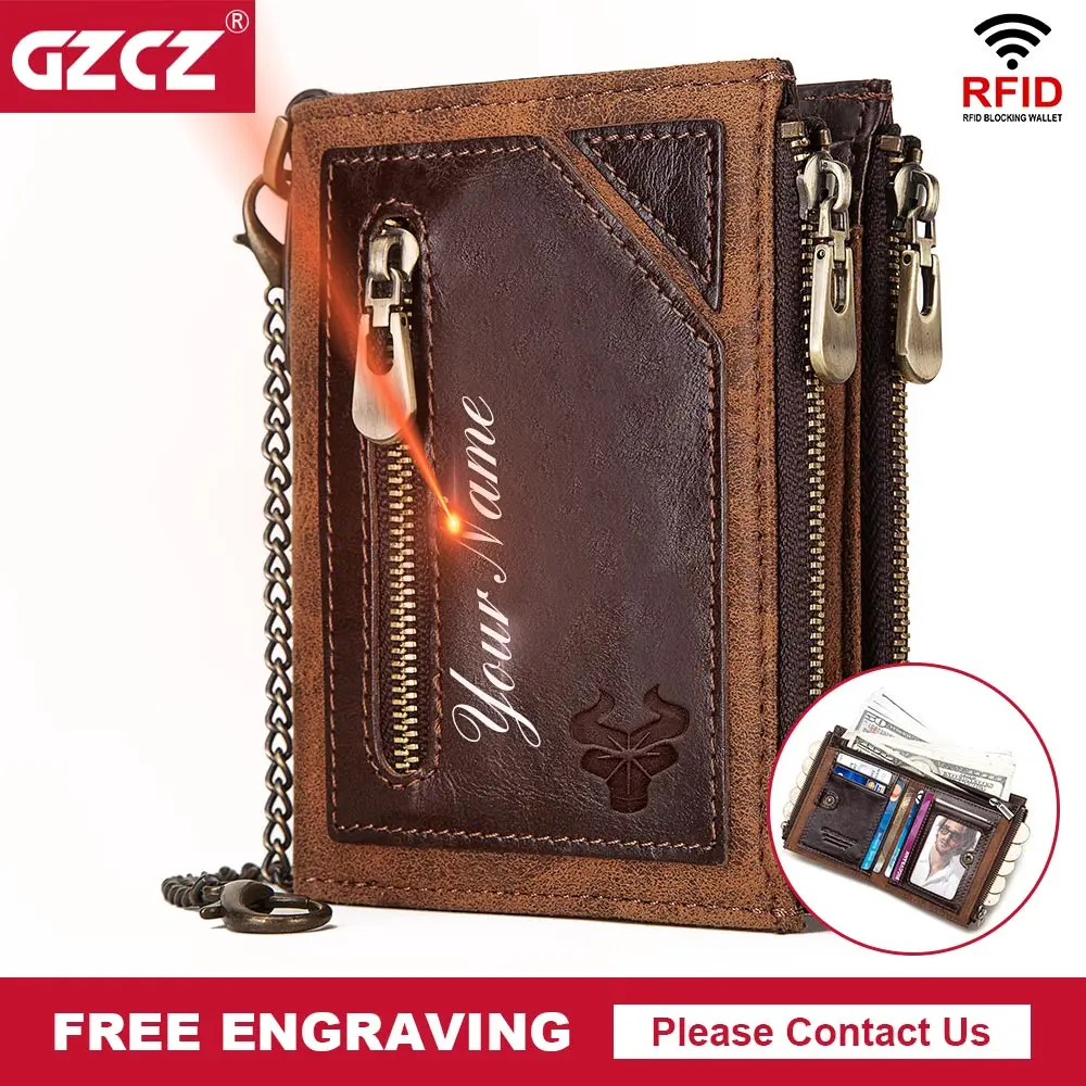 GZCZ 100% натуральная кожа Rfid кошелек мужской кошелек для монет Короткий Мужской кошелек с цепочкой для денег мужской кошелек с карманом Бесплатная гравировка|Кошельки| | АлиЭкспресс
