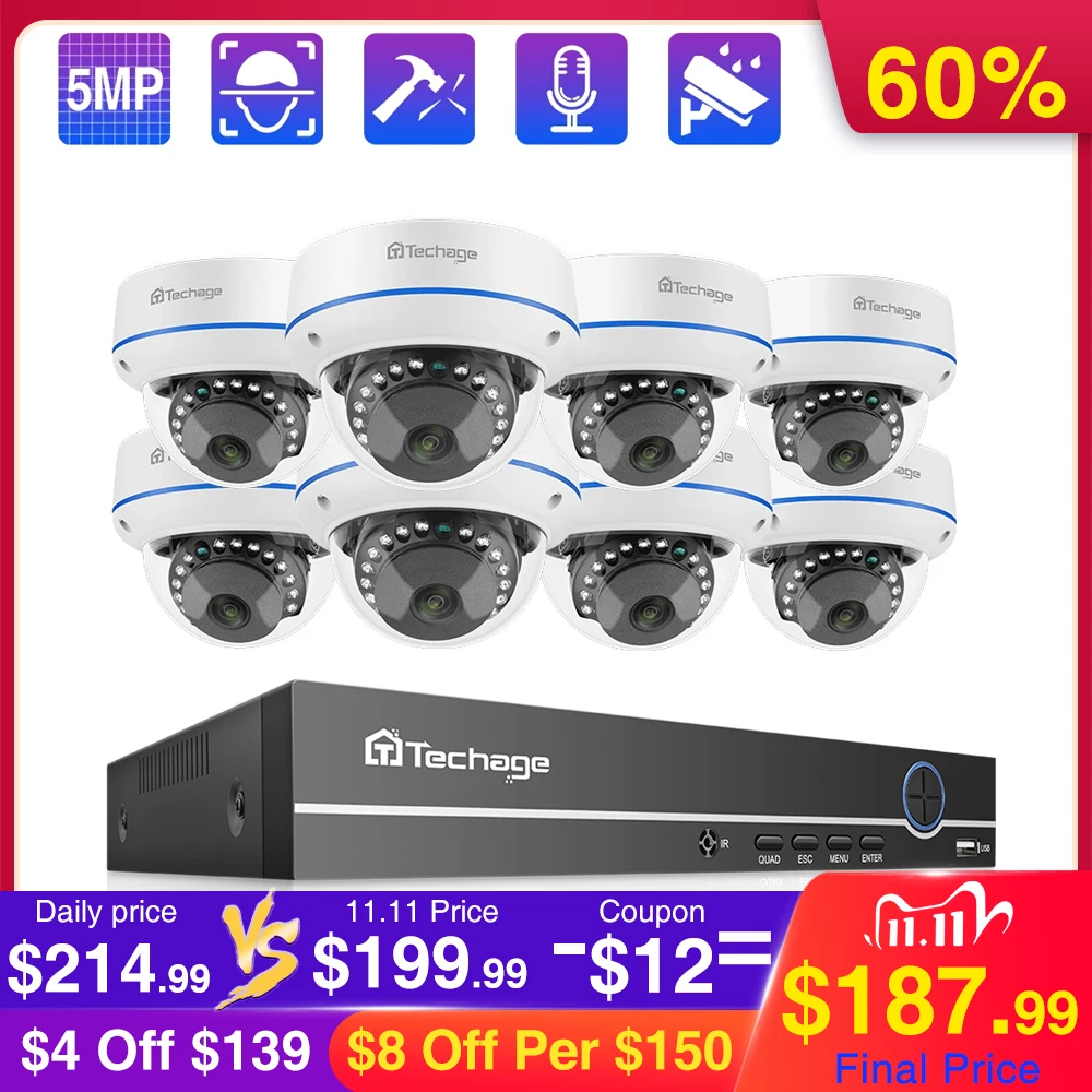

Techage 8CH 5MP POE NVR Dome Camera System Audio Sound Record Vandalproof Camera Indoor CCTV Video Security Surveillance Set P2P