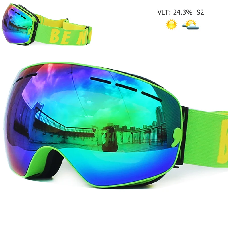 UV400 противотуманные двухслойные лыжные очки с большими линзами, лыжная маска, очки для катания на лыжах, снежные мужские очки для сноуборда, очки с зеркальным покрытием - Цвет: Green