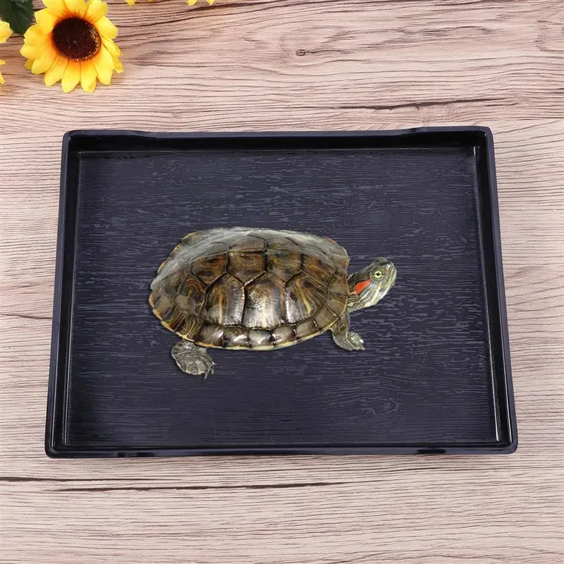 1Pc Wood Reptile Rest Bath Tray Tortoise Food Water Dish Turtle Feeding Simulated Wooden Grain Bowl Household Pet Supply (Black)