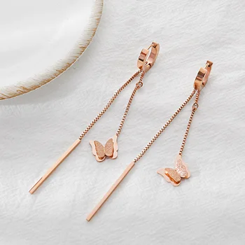 

YUN RUO Fashion Elegant Butterfly Tassel Earring Clip Woman Gift Rose Gold Titanium Steel Jewelry Not Change Color Drop Shipping