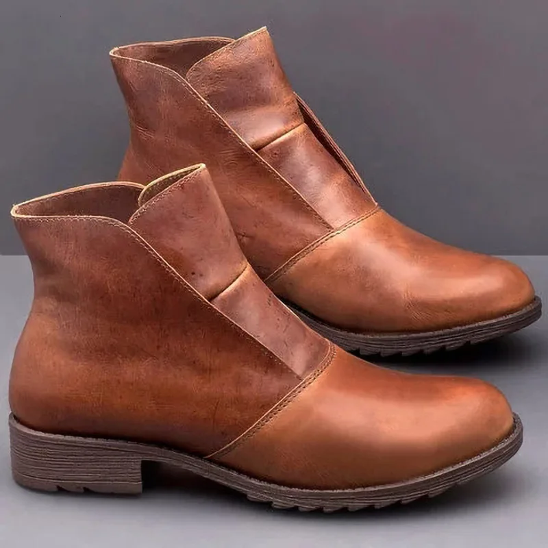 

Autumn Winter Chelsea Boots for Women Leather Low Med Square Ankle Boots Slip on Round Toe Shoes