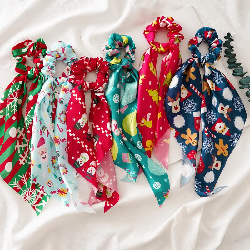 

2020 Fashion Print Scrunchie Hair Band For Women Elastic Christmas Dot Bow Rubber Ropes Girls Hair Accessories