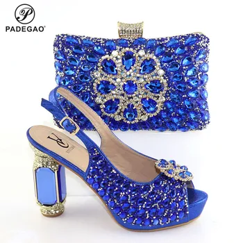 

Spring New Design Mature Blue Shoes And Bag To Match Set African Ladies Comfortable Heels for Royal Wedding Party