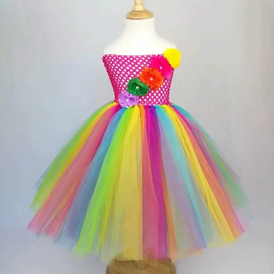 

Girls Rainbow Flower Tutu Dress Baby Crochet Tulle Long Dress Ball Gown with Pearl Shabby Children Wedding Party Costume Dresses