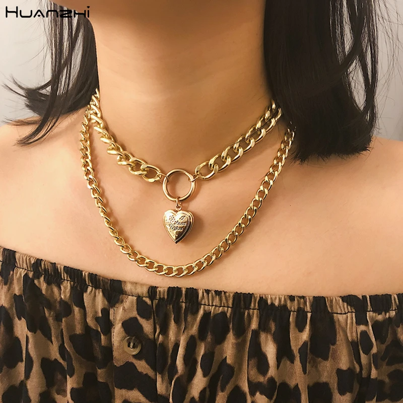 

HUANZHI 2019 New Punk Metal Heart Big Thick Chain Round Hollow Multilayer Pendant Long Choker Necklace for Women Girls Party