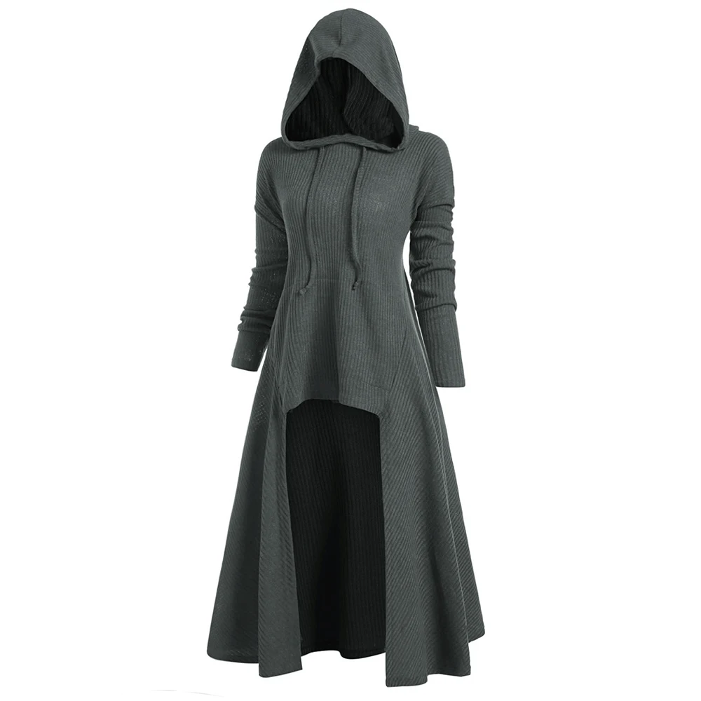 

Fall Winter Women Long Gothic Sweater Dress Pullover Fashion Female High Low Loose Drawstring Sweater Knitting Hooded Long Coat