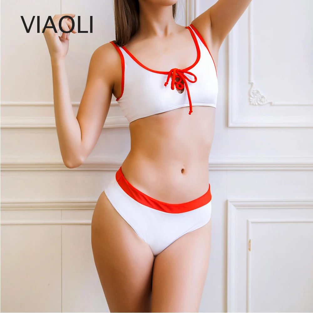

Women Bandage Bikini 2pcs Set Push-up White Red Splice High Waist Beach Sport Swimsuit Girls Padded Bra Bathing Suit Swimwear