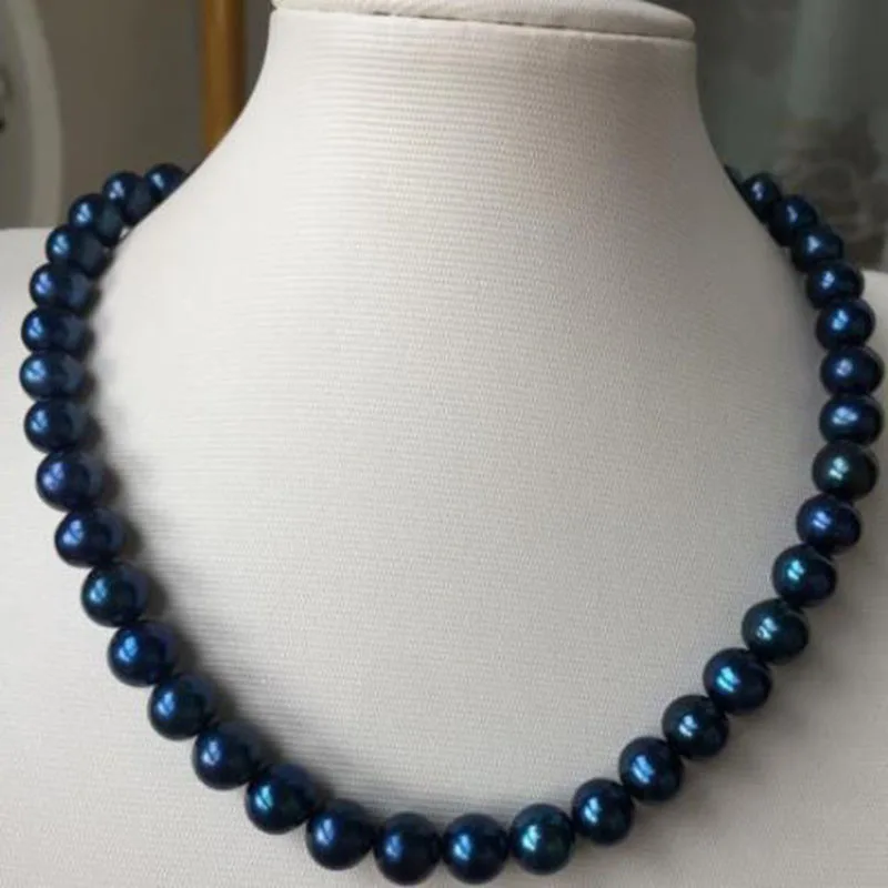 

stunning AAA9-10Tahitian round black blue pearl necklace 18inch 14k/20 jj