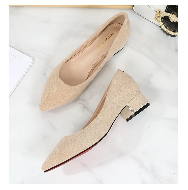 Big Size 34-43 Women Suede Leather Shoes 3.5CM High Heels Ladies Dress Work Shoes Slip On Pumps Woman Square Heels Wedding Shoes