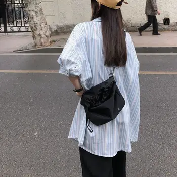

Versatile Casual Bags Hip Hop Cool Handsome Black Square Bag Drawstring Metal Buckle Thick Shoulder Strap Shoulder Bag