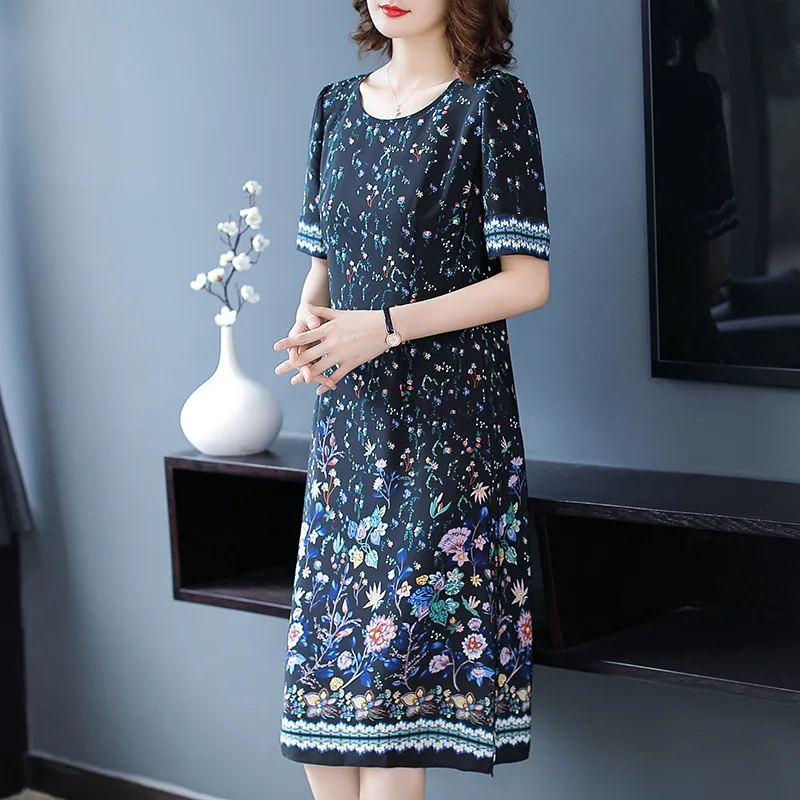 

Printed Silk Dress Short Sleeve 2018 Summer New Products Elegant Elegant WOMEN'S Dress Crew Neck Slim Fit Slimming A- line Skirt