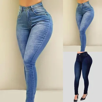 

Women High Waisted Skinny Denim Jeans Stretch Slim Pants Calf Length Jeans Casual Button Office Lady Pants Plus Size
