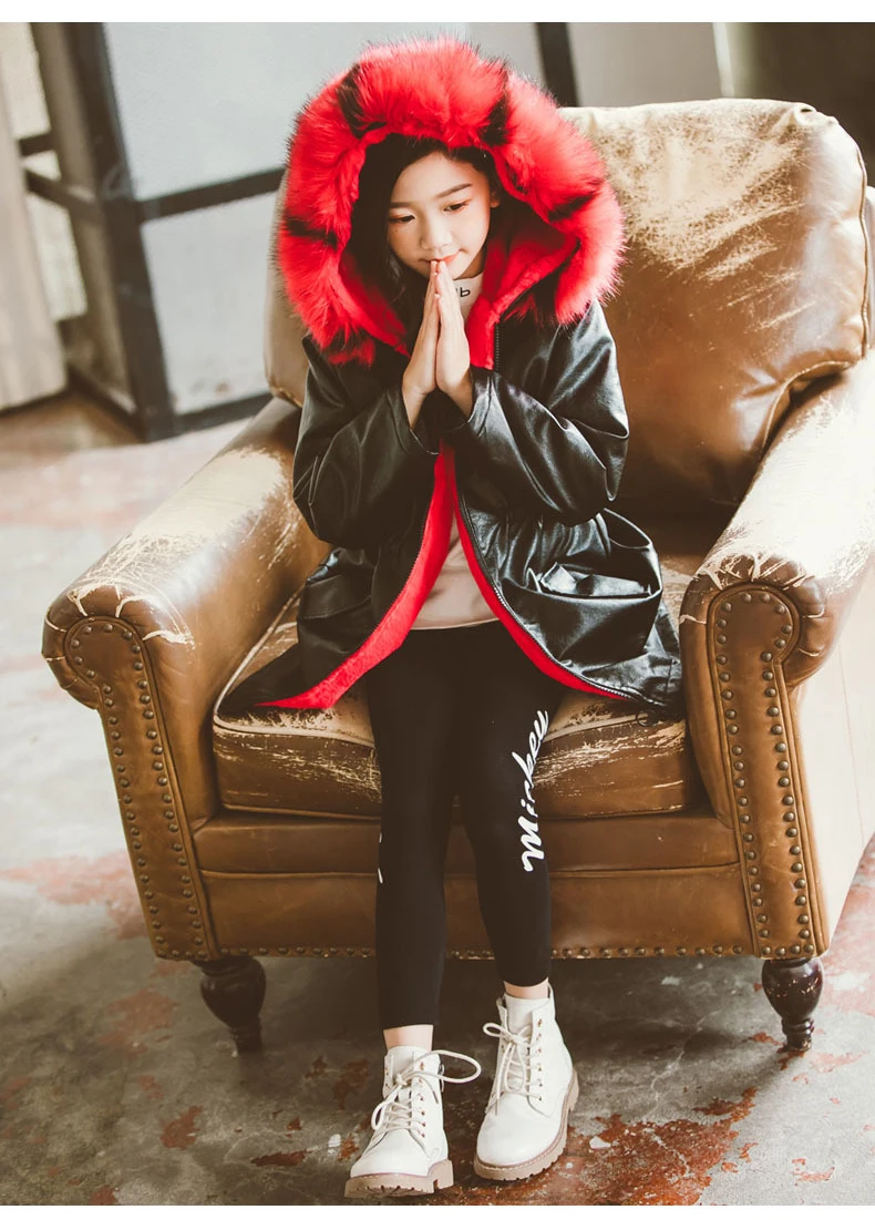 New Fashion Winter Coat Girl Warm Thickening Leather Outerwear For Girl large Fur Collar Cotton Coat Winter Jacket For Girl