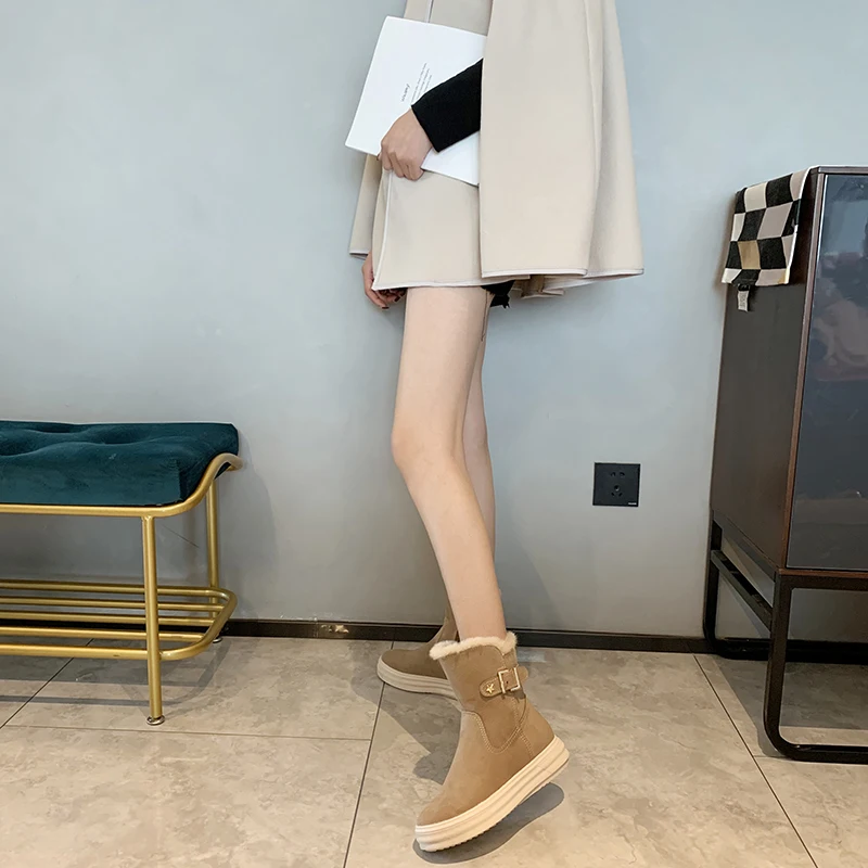 Fashion Mid-Calf Boots Women Winter Keep Warm Plus Velvet Short Boots Ladies Waterproof Women Shoes Belt Buckle Decoration