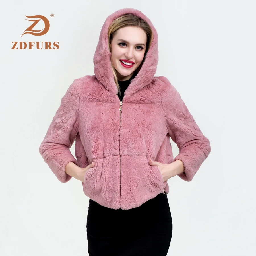 ZDFURS* натуральный настоящий мех кролика пальто одежда женская зимняя с капюшоном короткая куртка с длинным рукавом верхняя одежда пальто большой размер - Цвет: DARK PINK