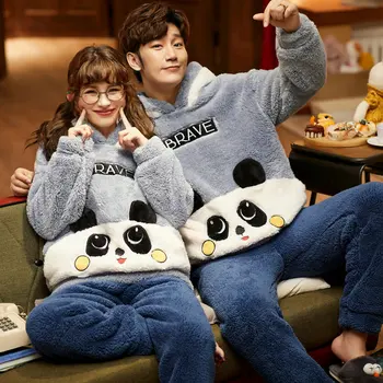 

Women Men Winter Couple Pajamas Cute Cartoon Sleep Suit Hooded Anime Christmas Costumes Female Warm Sleepwear Flannel Homewear