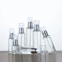 Clear Glass Spray Lotion Pump Emulsion Refillable Bottle Silver Lid Cosmetic Packaging Container 20ml 30ml 50ml 60ml 80ml 100ml