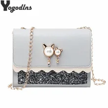 Блестящая женская сумка-мессенджер с блестками; сумки через плечо с цепочкой; жемчужный орнамент с кошкой; женская сумочка; женские вечерние сумочки; клатч