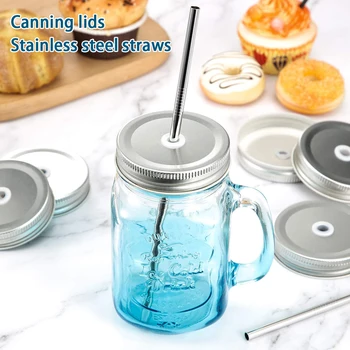 

16pcs Round Canning Glass Bottles Mason Jar Lids Kitchen Home Secure Stainless Steel Straws Portable Reusable Leak Proof