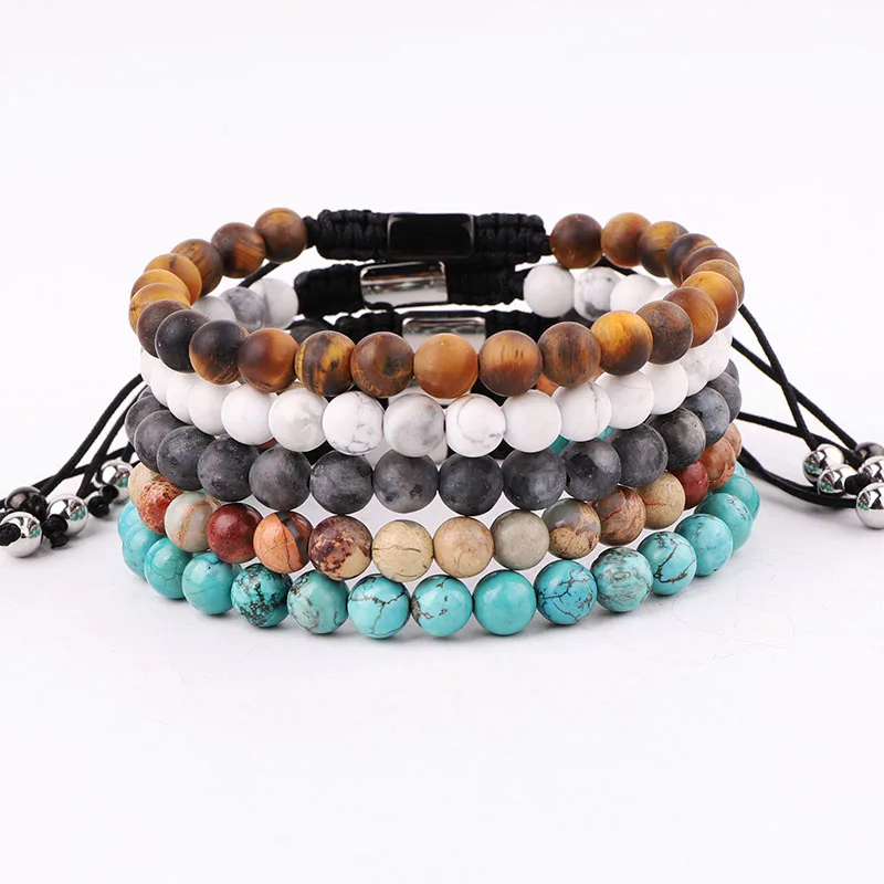 New Fashion 6mm Frost Matte Natural Stone Tiger Eye Turquoise Stainless Steel Beaded Braided Macrame Bracelet Men Women