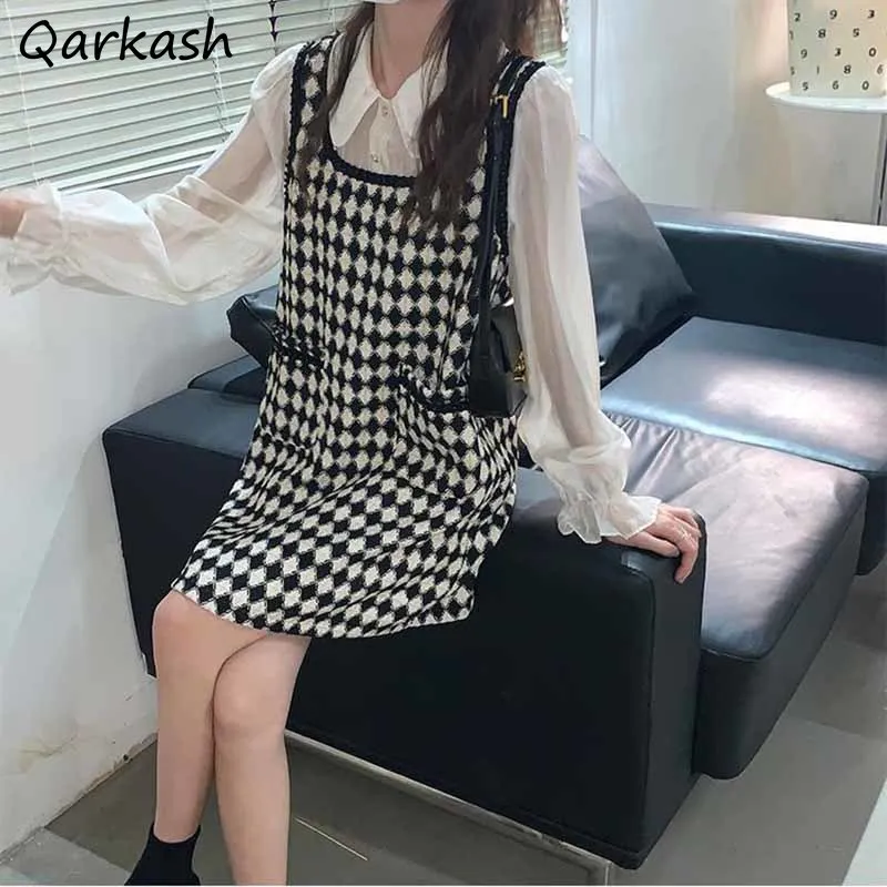 

Long Sleeve Dress Women Patchwork Design Plaid Vintage Korean Style Spring Elegant Loose College Ladies Temperament Fashion New