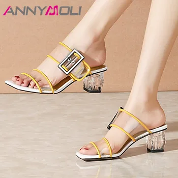 

ANNYMOLI Transparent Slippers Woman High Heels Rhinestone Thick Heel Slides Square Toe Sandals Buckle Lady Shoes Yellow Size 42