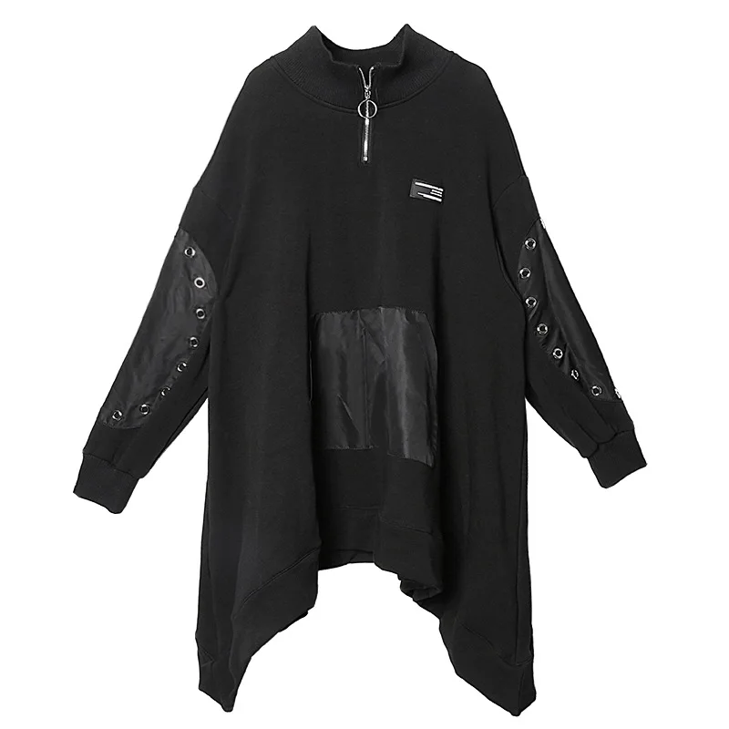 

Spring Autumn Hoodies Women Black Cropped Sweatshirts with Warm Fleece Linning Thick Coat Irregular Zip Turtleneck Front Pocket