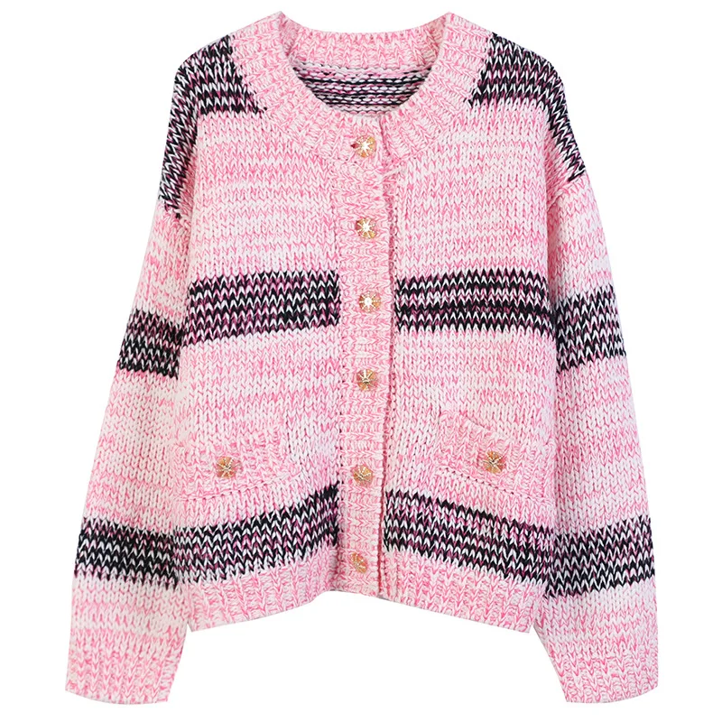 Runway Winter Christmas Pink Striped Embroidery O-neck Single Breasted Cardigans Brand Design Knit Oversize Coat Clothes NEW |