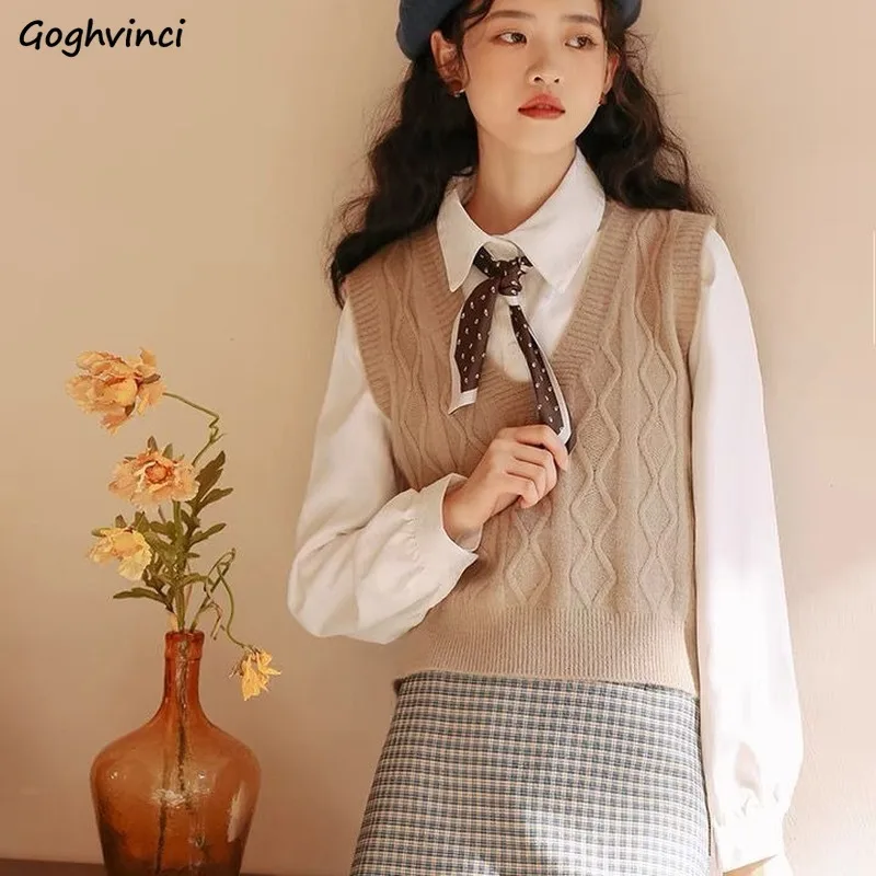 Sweater Vest Women V-neck Solid Khaki Preppy Style Retro Basic Slim Soft Knitting Student Daily All-match Leisure Ulzzang Chic |