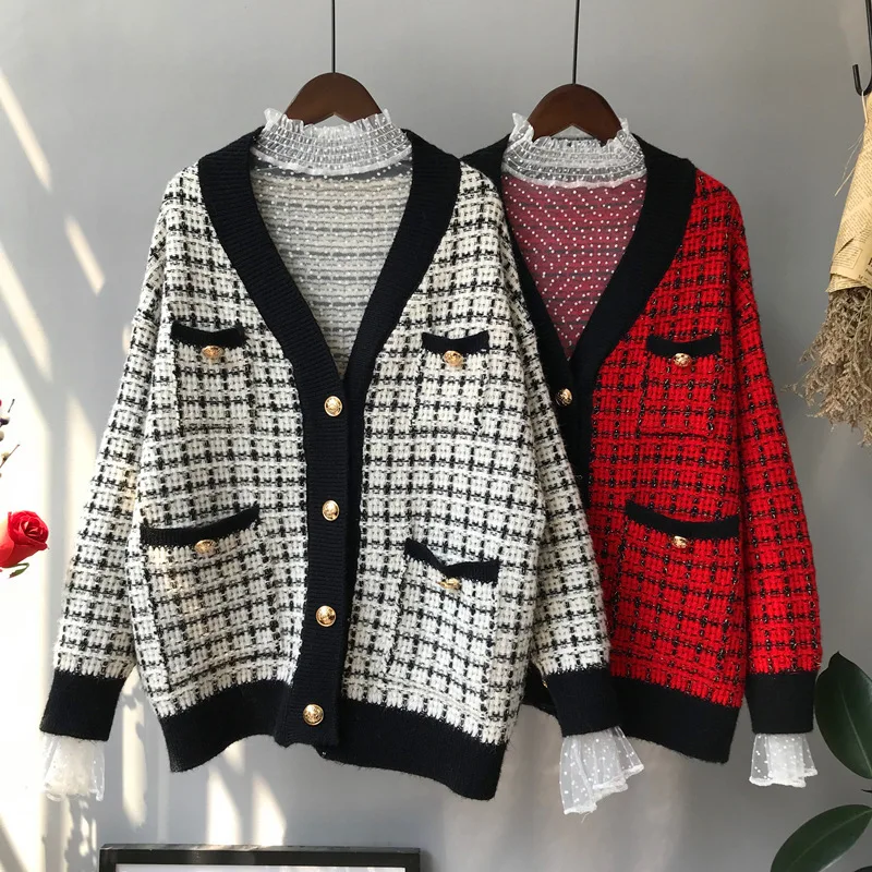 

Autumn women's 2019 new coarse needle Plaid net red small fragrant sweater cardigan V-Neck knit Coat